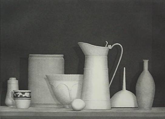 William Bailey etchig, aquatint and softground: William Bailey- ''Untitled (Still-life) 2001''- etching, aquatint and softground, signed and dated in pencil, the Print Club of Cleveland publication no. 80 for 2002, good condition. 11 x 14 3/4''