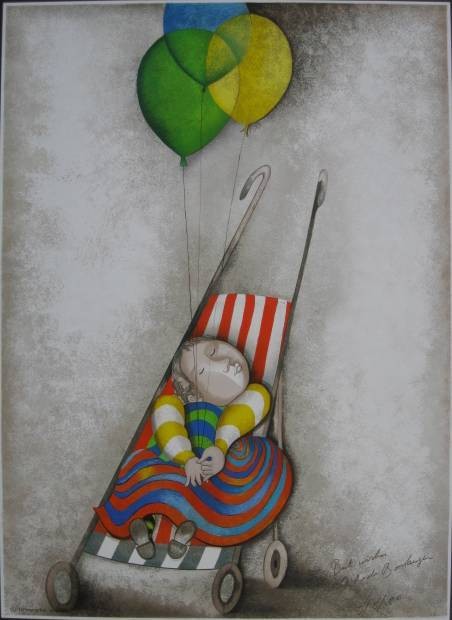 G. Rolo Boulanger lithograph: Graciela Rolo Boulanger- Child with Balloons- lithograph in colors, 1980, signed and dated in pen, very good condition. 29 7/8 x 20 3/4''