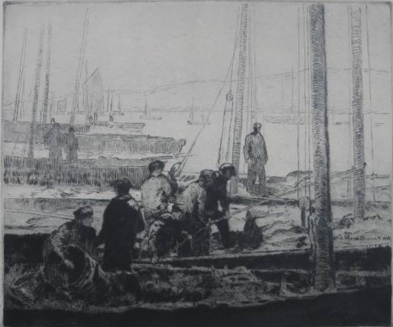 George Elmer Browne drypoint: George Elmer Browne- ''Sardine Fleet at Anchor''- drypoint, 1936, signed in pencil, AAA edition, 1/8'' tear in bottom margin, soft crease upper right margin, otherwise very good condition. 10 x 12''