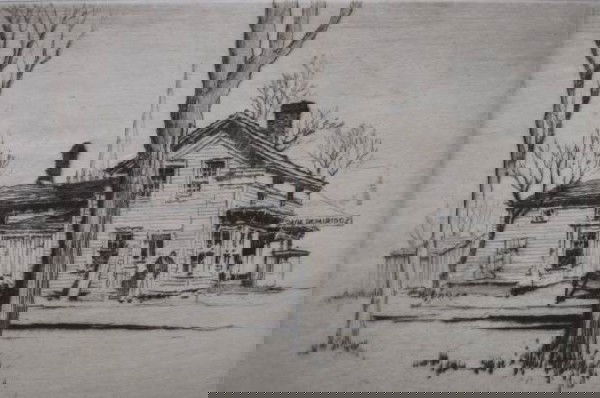 Samuel Chamberlain drypoint: Samuel Chamberlain- ''Old House on Liberty Street'' (Boston Public Library 181)- drypoint, signed in pencil, edition of 30, creases and abrasions throughout, overall fair condition. 5 7/8 x 8 7/8''