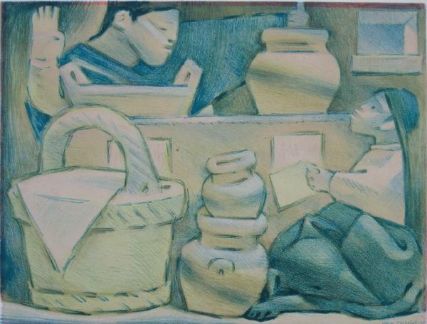 Jean Charlot lithograph: Jean Charlot- Untitled- lithograph in colors, signed in pencil, light struck and faded. 12 1/2 x 16 3/4''