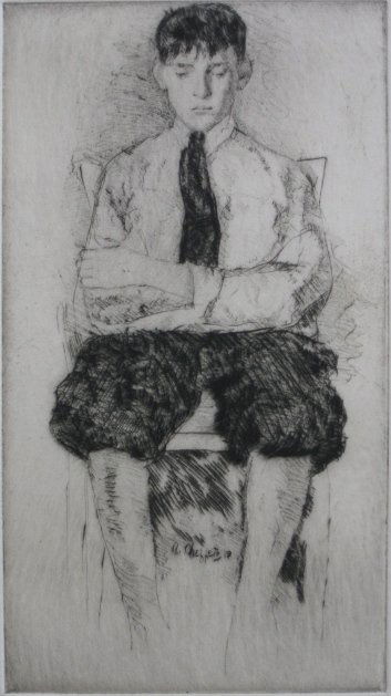 Asa Cheffetz etching: Asa Cheffetz- Young Boy Seated- etching, 1919, registration holes, otherwise very good condition. 6 3/4 x 3 3/4''