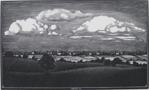 Asa Cheffetz wood engraving: Asa Cheffetz- ''Clouds Over The Valley'' (Springfield 51)- wood engraving, 1935, edition of about 200 published by AAG. 8 x 11''