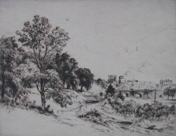 Stephen Csoka etching: Stephen Csoka- Brooklyn Landscape- etching, 1945, signed and titled in pencil, foxing throughout, slightly light struck, abrasions throughout, old tape hinges verso. 8 7/16''