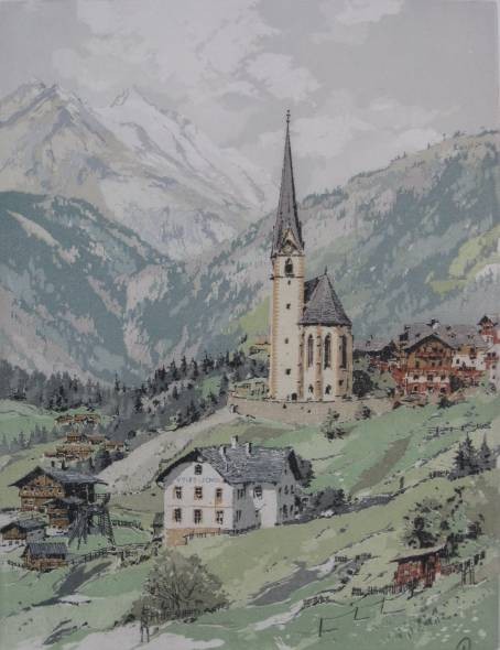 Hans Figura aquatint: Hans Figura- ''Heilgenblut Valley - Tyrol Alps''- aquatint in colors, ca. 1920, signed and numbered 93/250 in pencil. 11 3/4 x 9''