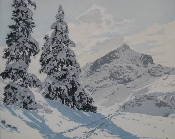 Hans Figura etching and aquatint: Hans Figura- ''Alpine Peak - Tyrol''- etching and aquatint in colors, signed and numbered 115/250 in pencil, tape stains around outer edges, otherwise very good condition. 10 3/8 x 12 7/8''