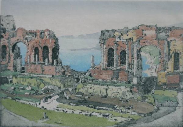 Hans Figura etching: Hans Figura- Tasmina- etching in colors on tissue, signed and numbered 83/250 in pencil, taped to top mat with 8 pieces of masking tape, otherwise very good condition. 7 x 10''
