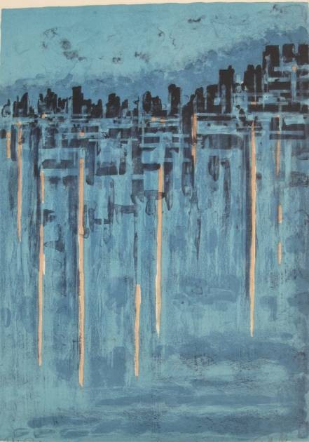 Richard Florsheim lithograph: Richard Florsheim- ''Reflections'' (Iacono 164)- lithograph in colors, 1964, signed in pencil, artist's proof, edition of 125, 5 holes in margins from thumbtacks, very light 1 1/2'' pencil mark, goes 