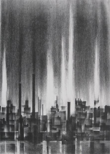 Richard Florsheim lithograph: Richard Florsheim- ''Megalopolis'' (Iacono 178)- lithograph, signed in pencil, edition of 250, minor crease in top margin with 2 old tape hinges, very good condition. 13 7/8 x 9 7/8''