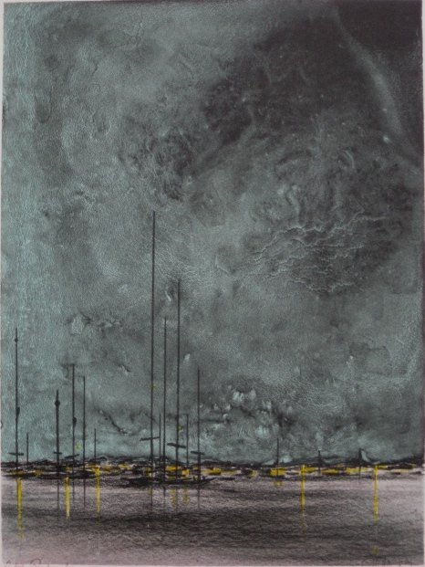 Richard Florsheim lithograph: Richard Florsheim- ''Harbor'' (Iacono 251)- lithograph in colors, 1974, signed and titled in pencil, artist's proof, edition of 100, very good condition. 10 3/4 x 8''