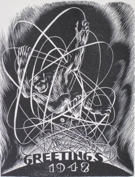 Isaac Friedlander wood engraving: Isaac Friedlander- ''Greetings, 1948'' (Gorilla)- wood engraving, 1948, signed in pencil, very good condition. 4 1/8 x 3 1/8''
