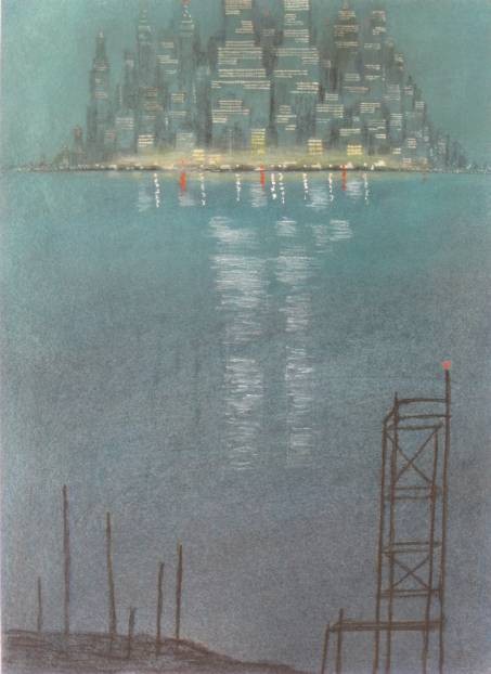 Gerald Geerlings lithograph: Gerald Geerlings- ''Cityscape Reflection Mood No. 10A''- lithograph with pastel hand coloring, 1987, signed, dated and titled in pencil, some smudging in margins, otherwise good condition. 14 x 10 1/4