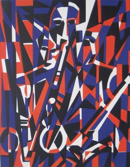 Helen Geradia silkscreen: Helen Geradia- ''Jazz Trio''- silkscreen in colors, signed, titled and numbered in pencil, 5/8 inch brown paper tape across top. 18 x 14''