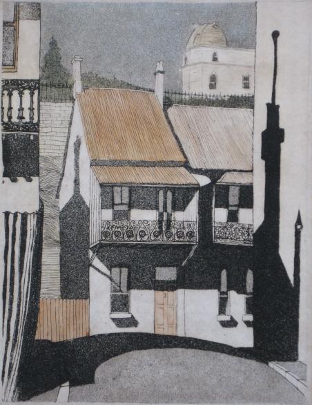 Frank Haliday etching and aquatint: Frank Haliday- ''Kent Street''- etching and aquatint in colors, signed and titled in pencil, mat burn, taped to top mat with old masking tape. 9 1/2 x 7 1/4''