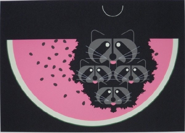 Charles Haupers silkscreen: Charles Harper- Racoon and Watermelon- silkscreen in colors, signed and numbered 165/1500 in pencil. 12 x 16 3/4''