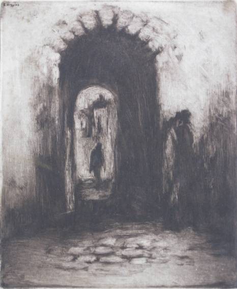 Eugene Higgins drypoint: Eugene Higgins- Doorway- drypoint, c. 1935, no margins, partial print verso, otherwise good condition. 6 x 4 15/16''