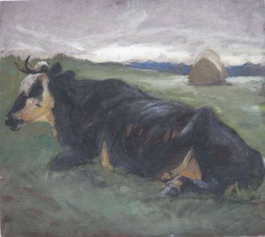 Henry G. Keller gouache: Henry G. Keller- ''Realism Going Over Into Impressionism''- gouache on cardboard, paint flaking in sky and cow's head. 14 x 15 3/4''