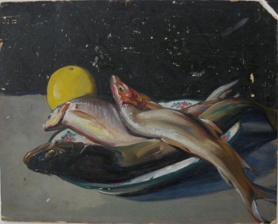 Henry G. Keller oil: Henry G. Keller- ''Platter of Fish''- oil on cardboard, heavy paint loss in background, corners and edges rough. 21 x 26'' Exhibited: Third Annual May Show, 1931, Cleveland Museum of Art, Cleveland, O