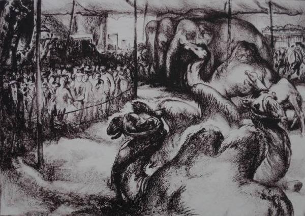 Henry G. Keller lithograph: Henry G. Keller- ''Circus Day No. 1''- lithograph on laid buff paper, signed in pencil, very good condition. 11 x 16''
