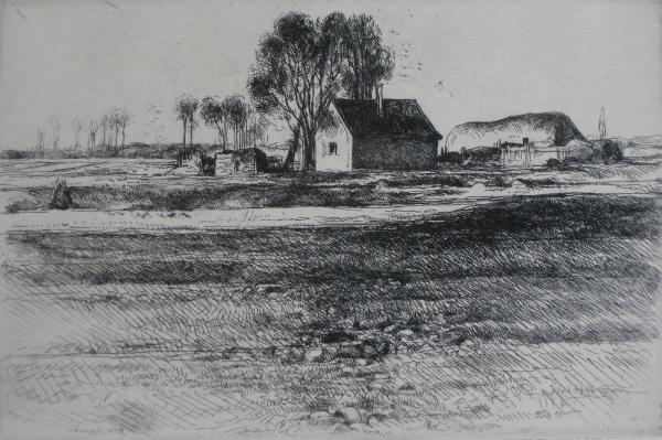 Julius Komati etching: Julius Komati- Landscape with Farm- etching, 1932, two old masking tapes. 5 1/4 x 7 7/8''