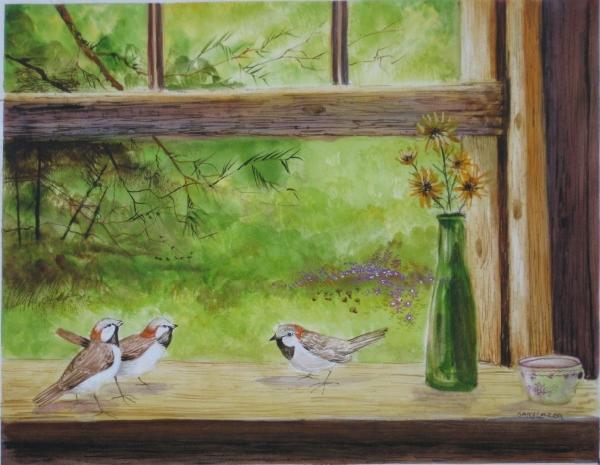 Gary Lazor 2 watercolors: Gary Lazor- Birds on Windows; Church in Landscape- 2 watercolors on paper, both signed Gary Lazor lower right. 10 1/4 x 13 1/2''ea.