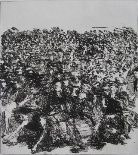 Gerson Leiber etching: Gerson Leiber- ''Stockholder's Meeting''- etching, 1959, signed, dated, titled and numbered 140-220 in pencil, AAA edition. 16 3/4 x 15''