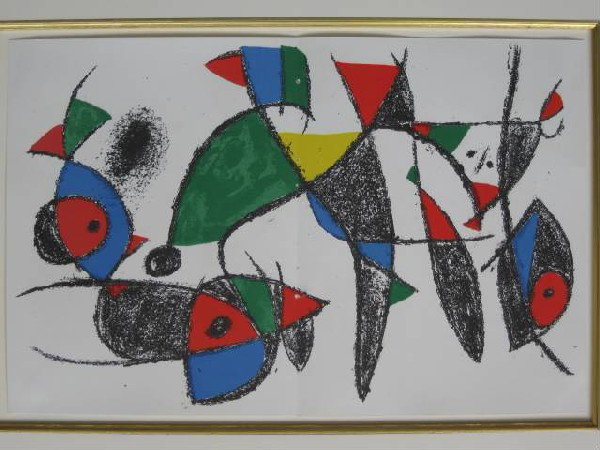 Joan Miro lithograph: Joan Miro- Lithograph IX- lithograph in colors, 1974, folded down center as it should be, good condition. 12 1/2 x 19''