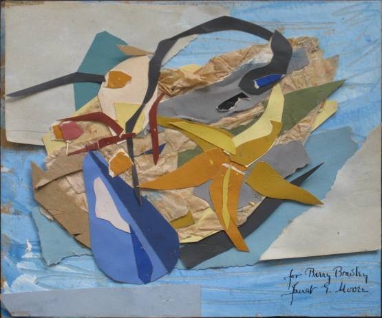 Janel Moore mixed media collage: Janet Moore- Starfish- mixed media collage, signed and annotated 'for Barry Bradley' in pen. 4 3/4 x 5 3/4''