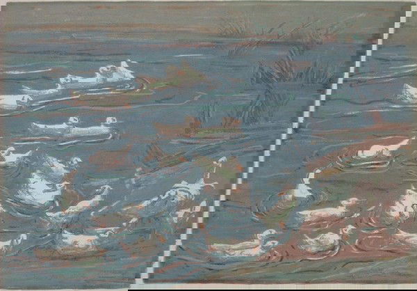 Elizabeth Olds silkscreen: Elizabeth Olds- ''Ducklings''- silkscreen in colors, signed in plate, titled in pencil, repaired tear along top edge goes 3/4'' into image. 11 3/4 x 16 1/2''