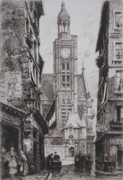 Charles Pinet etching: Charles Pinet- ''Rue de la Montagne''- etching, c. 1920, signed in pencil, light struck, minor smudging in margins, old tape residue verso, very good condition. 11 3/8 x 7 3/4''