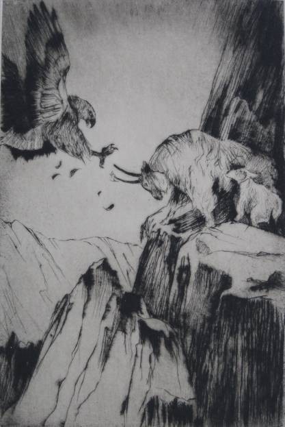 R. Howell Ransley drypoint: R. Howell Ransley- Mountainous Landscape with Goats and Eagle- drypoint, ca. 1930, signed and annotated 'Trial Proof' in pencil, 3 paper tape hinges along top edge. 9 x 6''