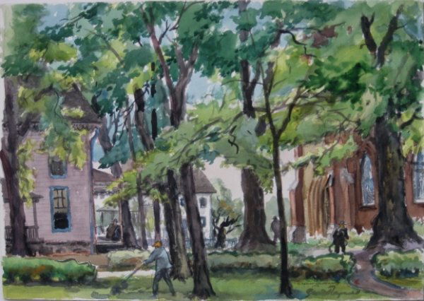 Grant Reynard watercolor: Grant Reynard- Berea Backyards- watercolor on illustration borad, 1958, signed lower right, annotated 'to Baldwin-Wallace College 1958' in pen. 14 1/4 x 20''
