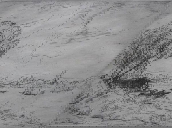 Grant Reynard etching: Grant Reynard- ''The Seine at Poissy, France''- etching, signed and numbered 3/75 in pencil. 5 3/4 x 7 3/4''