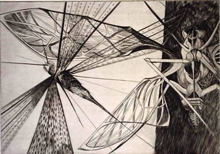 Walter Rogalski engraving: Walter Rogalski- ''Locust''- engraving, 1954, signed in pencil, edition of 250 plus 10, the Print Club of Cleveland publication no. 32, Print Club stamp in black verso (Lugt 2049b), very good conditio