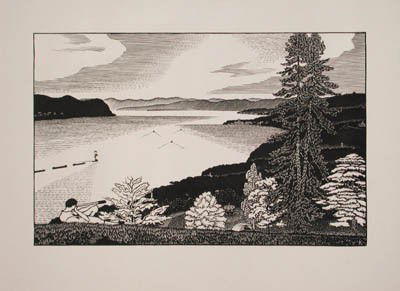 Rudolph Ruzicka wood engraving: Rudolph Ruzicka- ''A Summer Day''- wood engraving, 1936-37, AAG edition of about 200, in original presentation mat, some soiling in margins. 5 1/8 x 8''