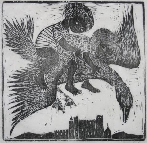 Helen Siegl woodcut: Helen Siegl- ''Aloft'' woodcut, signed and titled in pencil, 3 soft vertical creases through image, handling creases throughout. 9 1/4 x 9 1/4''
