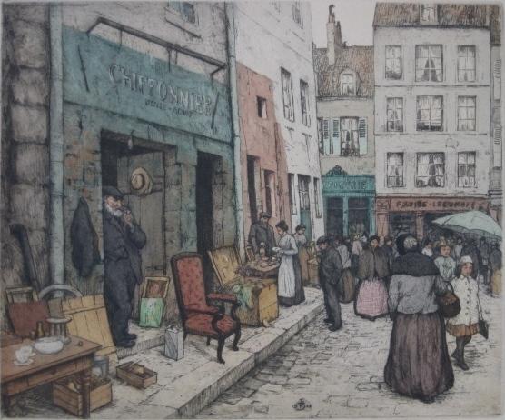 Tavik F. Simon etching: Tavik F. Simon- "Rue Mouffetard, Paris" (Novak 188) -color soft ground and aquatint, 1913, signed in pencil, artist's red stamp lower left, laid down, top mat glued at edges, slightly light struck. 14