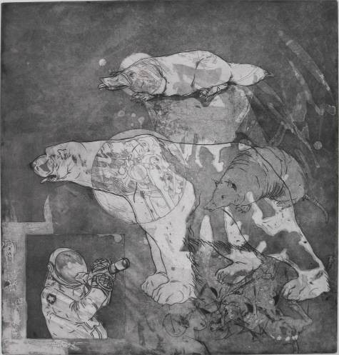 Jeff Sindlach etching and aquatint: Jeff Sindlach- ''Chompin at the Bit''- signed, titled and inscribed 'Artists Proof' in pencil, very good condition. 17 1/2 x 16 7/8''