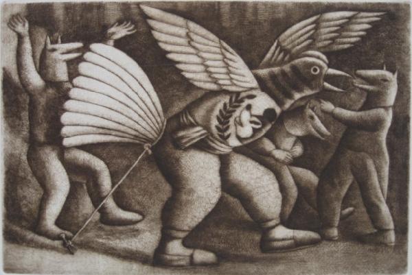 Luis Solari etching: Luis Solari- ''Mockery''- etching, signed and titled in pencil, AAA edition. 7 5/8 x 11 3/4''