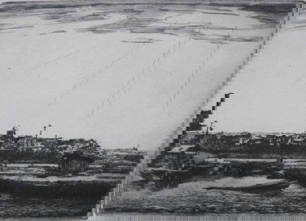 Frank Wilcox etching: Frank Wilcox- Skyline- etching, signed in pencil, taped to top mat along top edge verso with masking tape. 5 x 6 7/8''