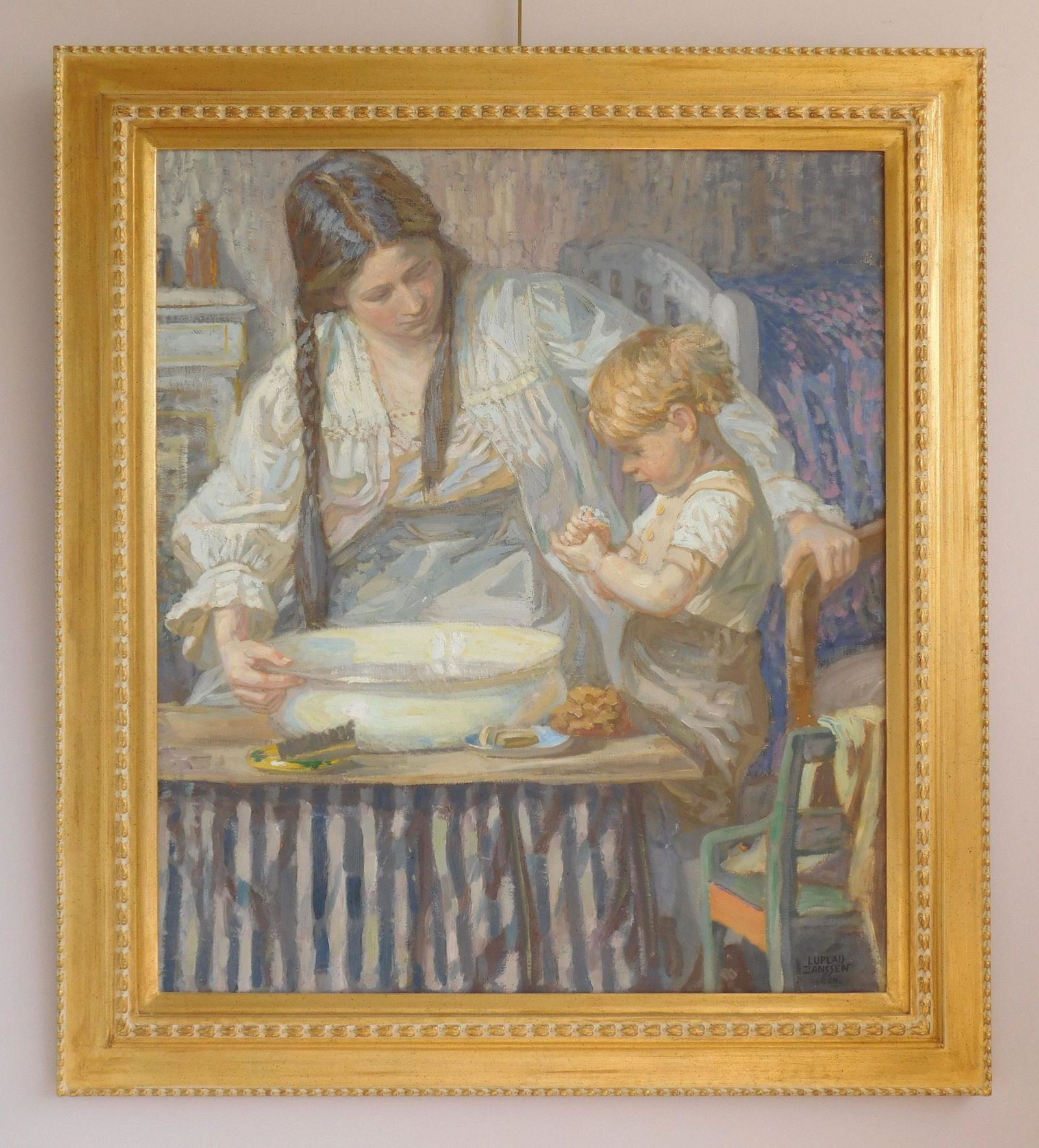 Luplau Janssen oil: Luplau Janssen (Danish 1869-1927) Mother and Child- oil on canvas, 1914, signed Luplau Janssen 1914 lower right, framed. 36 3/4 x 31 3/4'' Provenance: Private collection, Cleveland, OH Vixseboxse Art