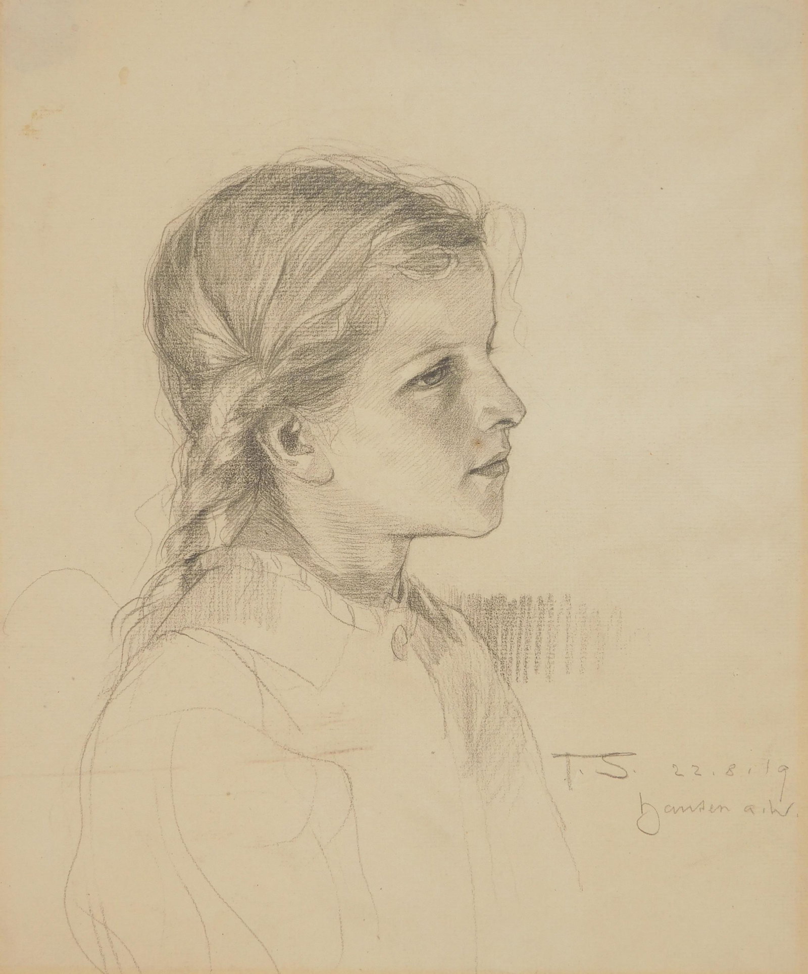 Theodor Schindler graphite: Theodor Schindler (German 1870-1950) Portrait of a Young Girl- graphite on paper, 1919, initialed T. S. 22.8.19 and annotated 'hansen a. w.' in pencil lower right, some soiling, minor handling creases