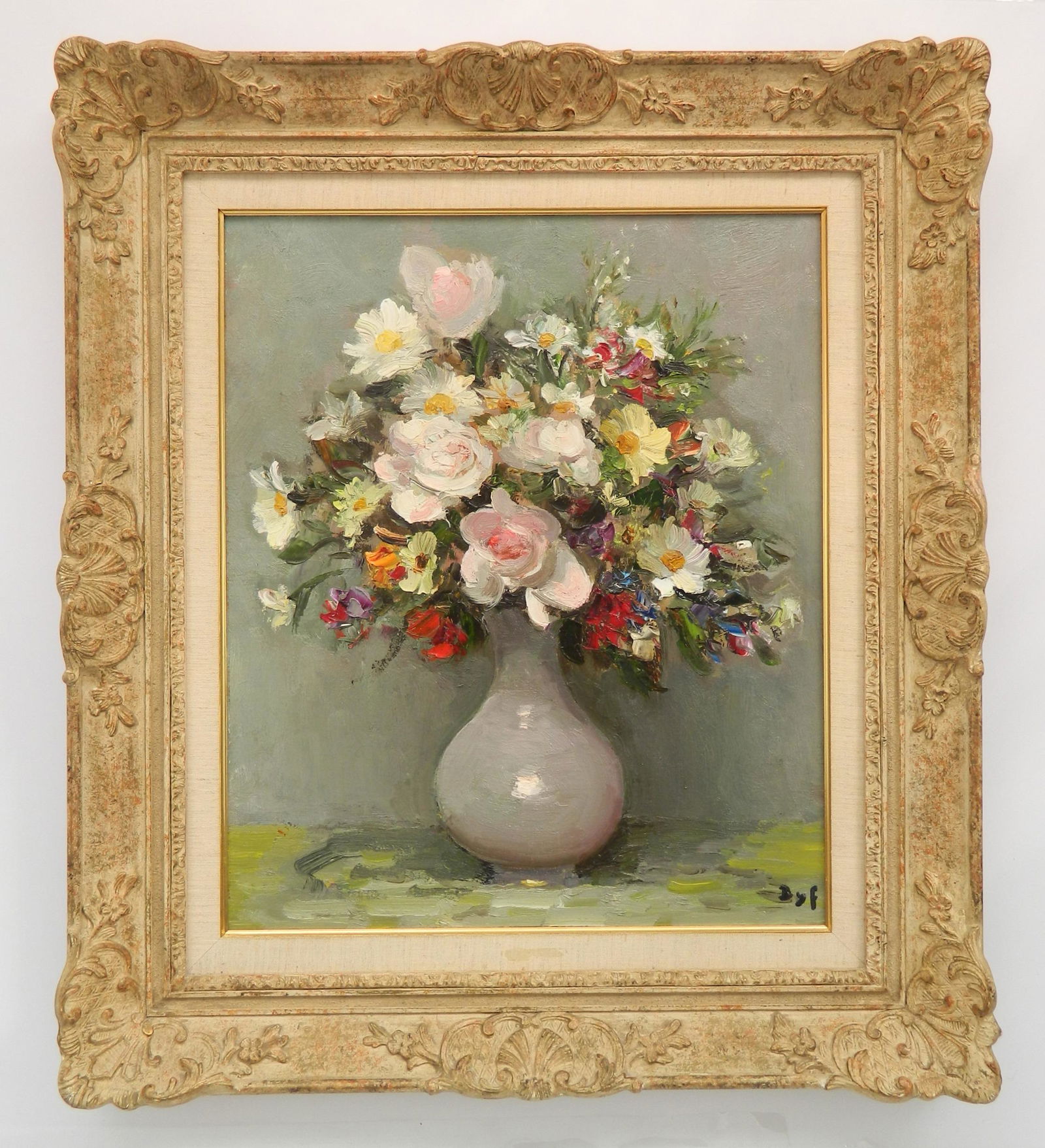 Marcel Dyf oil: Marcel Dyf (French 1899-1985) ''Roses and Marguerites''- oil on canvas, signed Dyf lower right, framed. 21 1/2 x 18'' Provenance: Pepper Pike, OH estate