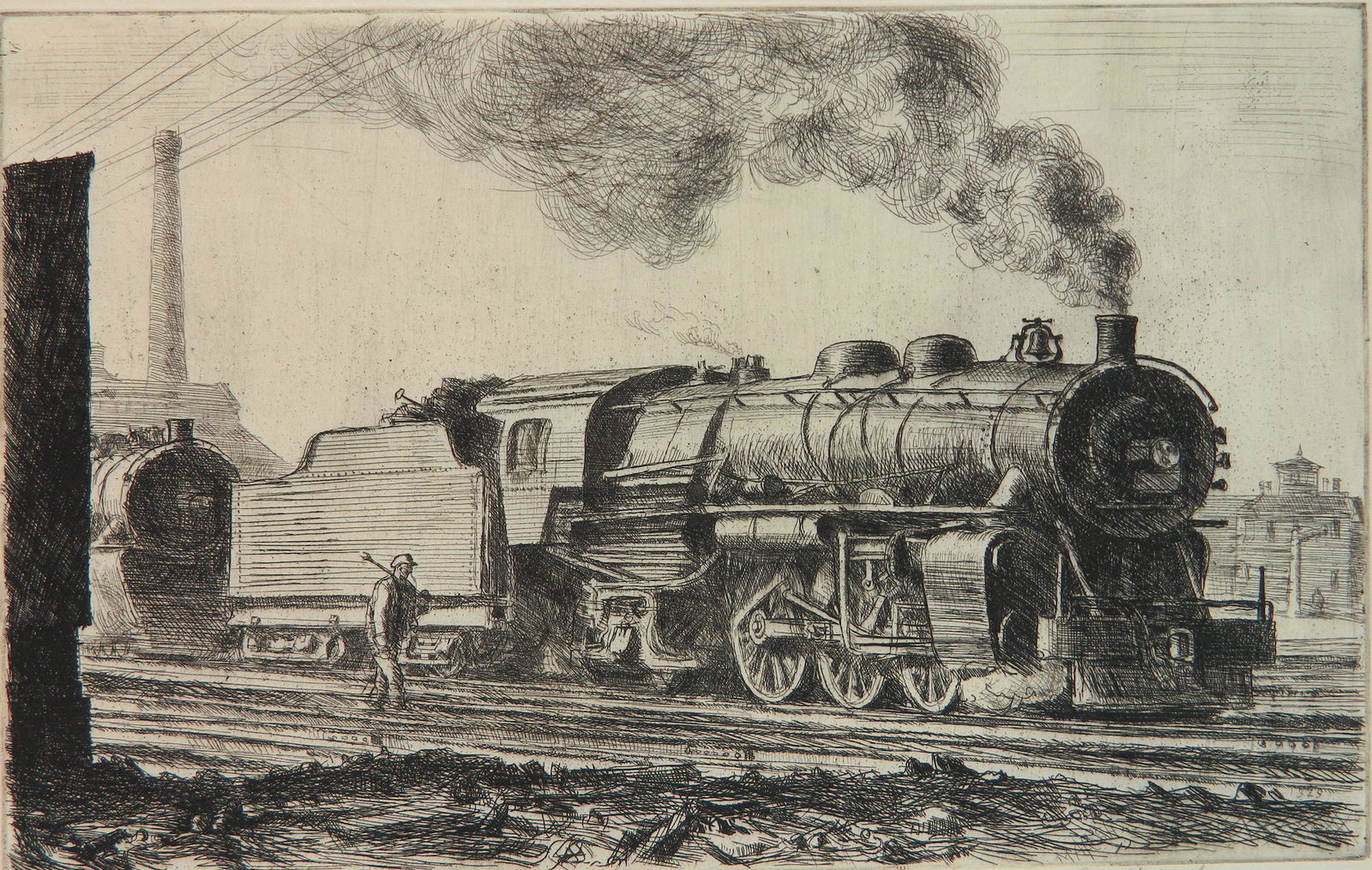 Reginald Marsh etching: Reginald Marsh (American 1898-1954) ''Loco L. V. R. R.'' (Sasowsky 84)- etching, 1929, signed and numbered 14/50 in pencil, age toned, margins vary in dimension, hinges top edge recto. 6 3/4 x 10 3/4'