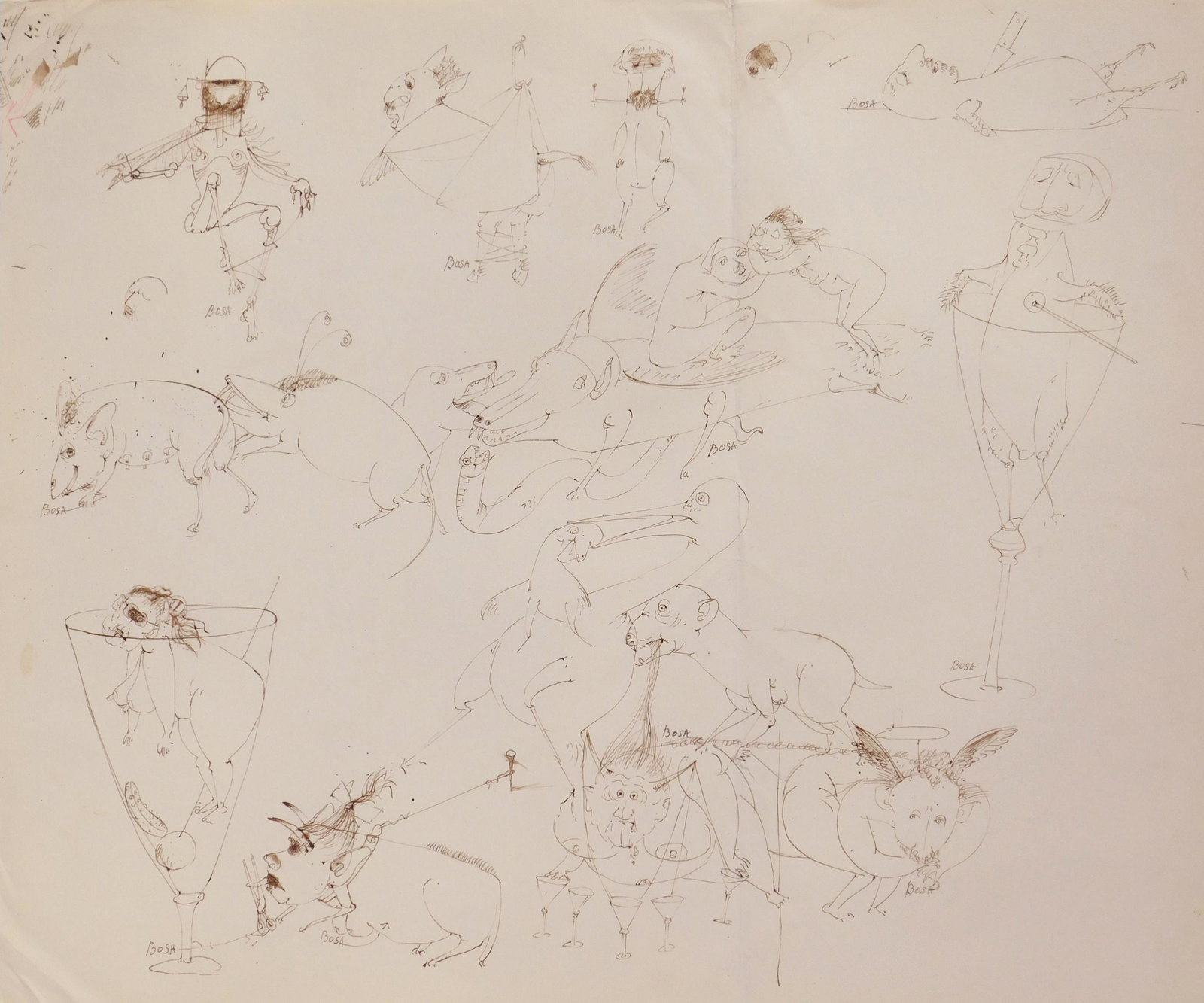 Louis Bosa sketches: Louis Bosa (American 1905-1981) Whimsical sketches- pen and ink on paper, signed Bosa lower left, vertical crease down center. 13 x 15 1/2''