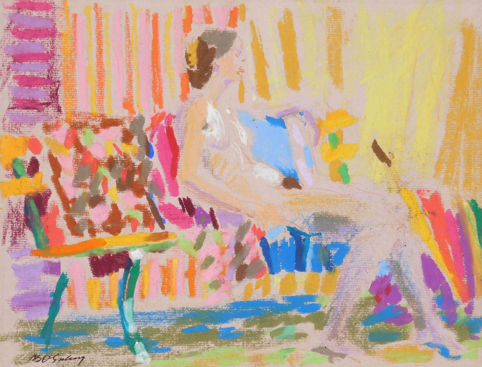 Joseph B. O'Sickey oil pastel: Joseph B. O'Sickey (American 1918-2013) Female Nude in Studio- oil pastel on paper, signed J. B. O'Sickey lower left, framed. 9 1/2 x 12 1/2'' Provenance: Private collection, Cleveland, OH Vixseboxse