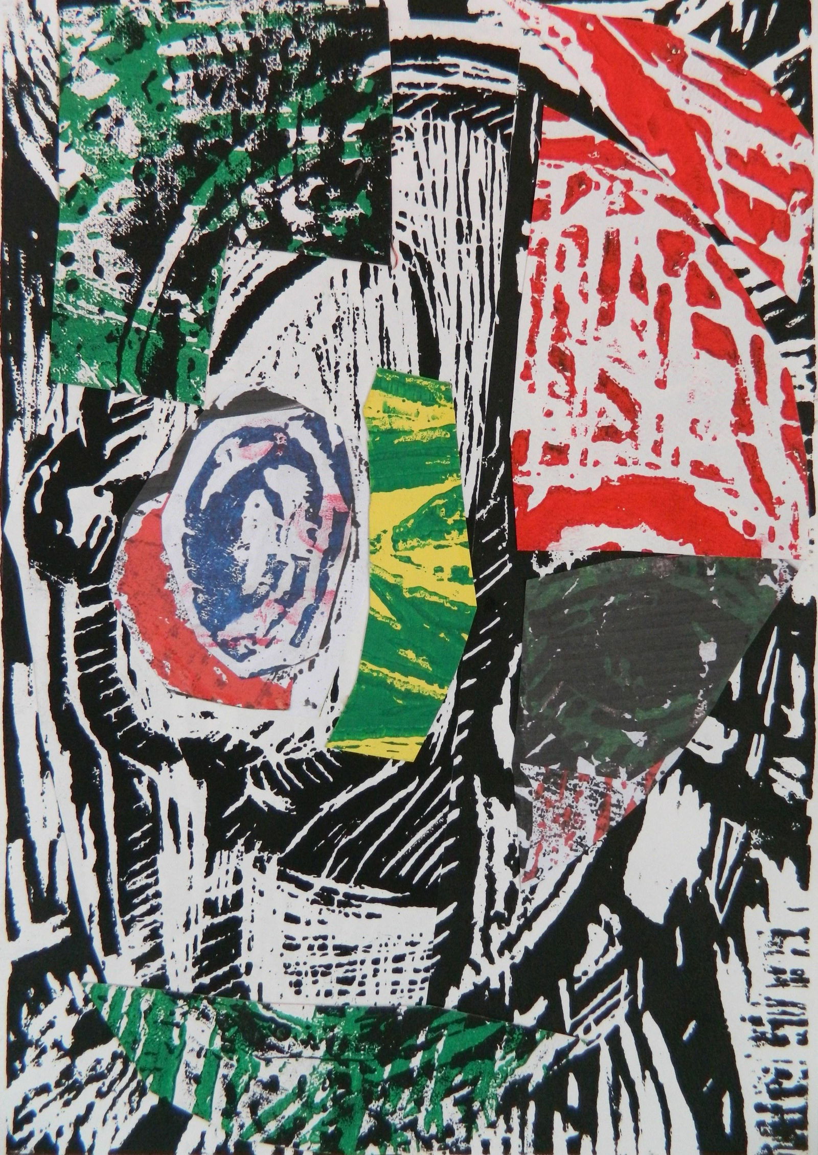 Dexter Davis woodcut and collage: Dexter Davis (American 20th/ 21st c.) ''Bone Face''- woodcut and collage on paper, 2016, signed, titled and numbered on verso, edition of 30. 11 5/8 x 8'' This is a special edition work of art commiss