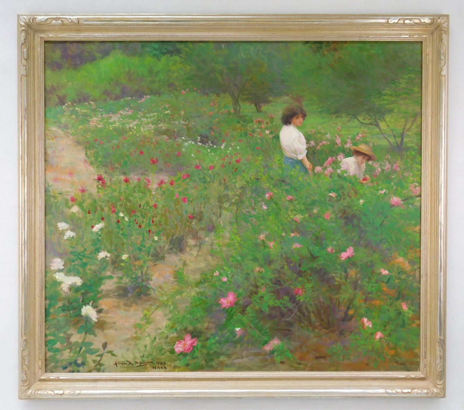 Allan R. Banks oil: Allan R. Banks (American 19948- ) 'Amidst The Roses''- oil on canvas, 1983, signed Allan R. Banks 1983 / NAAA, framed. 30 x 34'' Provenance: Pepper Pike, Ohio estate Vixseboxse Gallery, Cleveland, OH