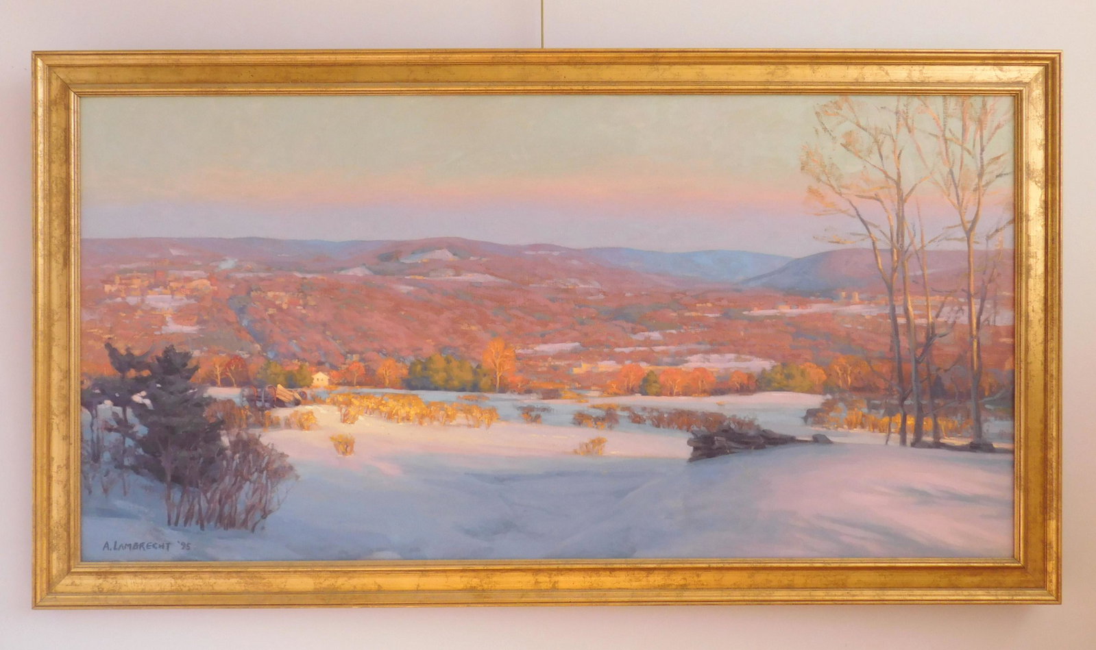 A. Lambrecht oil: A. Lambrecht (American 20th c.) Sunset in The Valley- oil on canvas, 1995, signed A. Lambrecht lower left, framed. 30 x 60'' Provenance: Private collection, Berkshire, NY