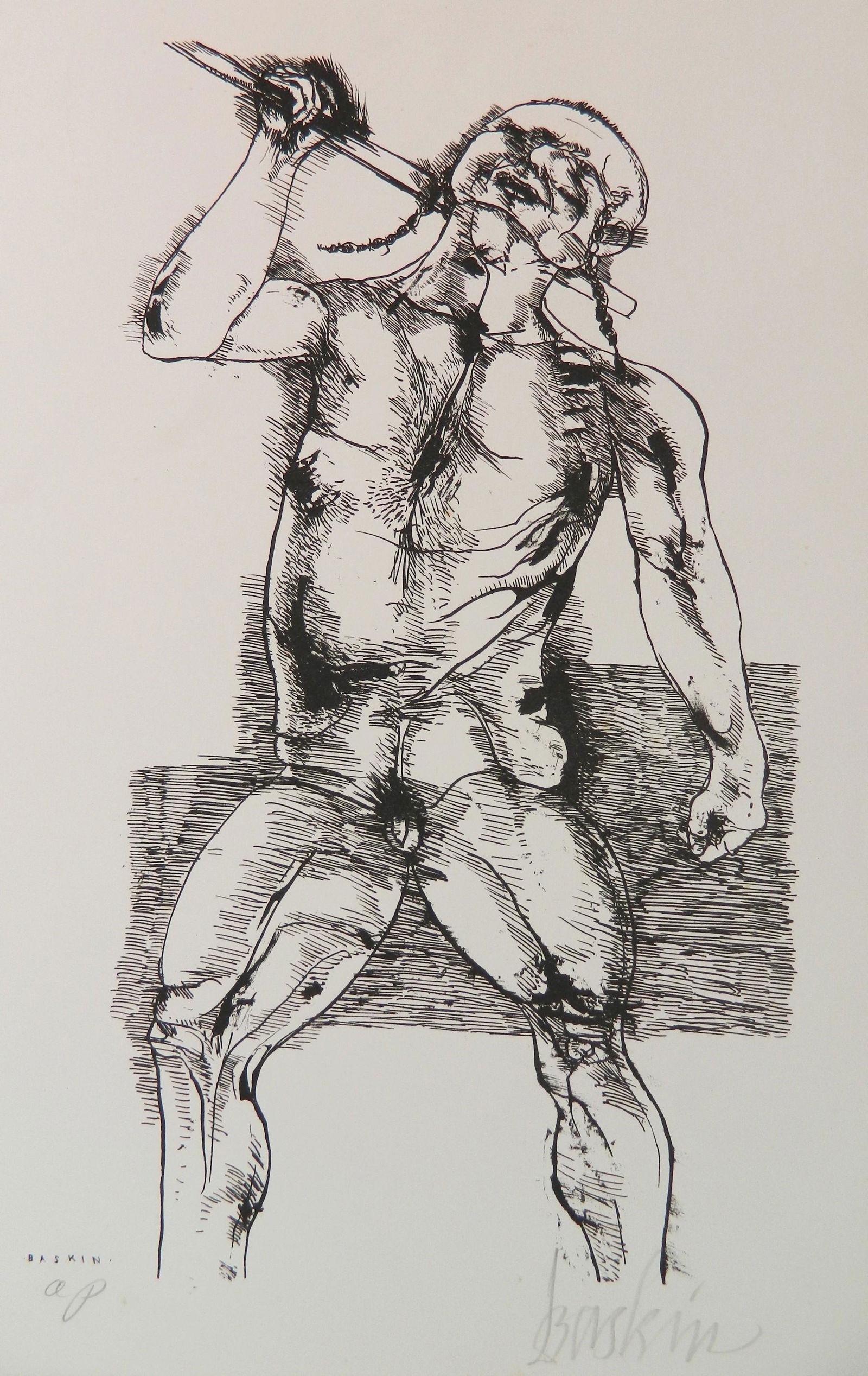 Leonard Baskin lithograph: Leonard Baskin (American 1922-2000) ''Tashtego''- lithograph, 1970, signed in pencil, edition of 200, from the 'Moby Dick' suite. 15 x 8 1/4''